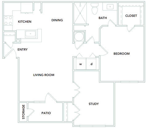 2 bedroom 1 bathroom 903 sq ft Floorplan at The Aster Sugar Land Apartments, Sugar Land, Texas